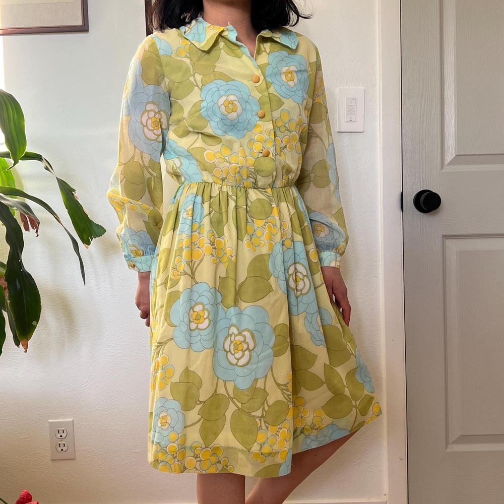 Vintage 60s Floral Dress Long Sleeve Blue Yellow Small Medium romantic Boho - Picture 7 of 12